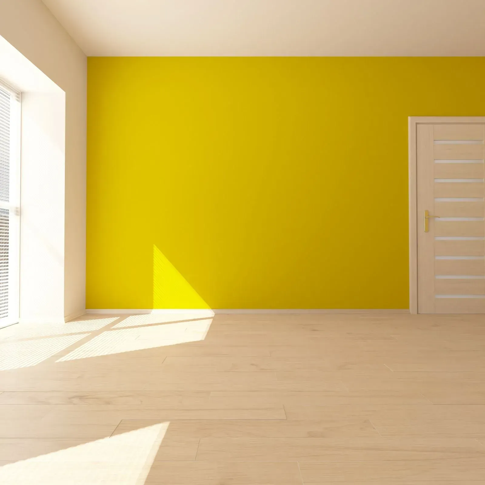 Bright empty room with yellow accent wall, light wood floor, window light, and a white door