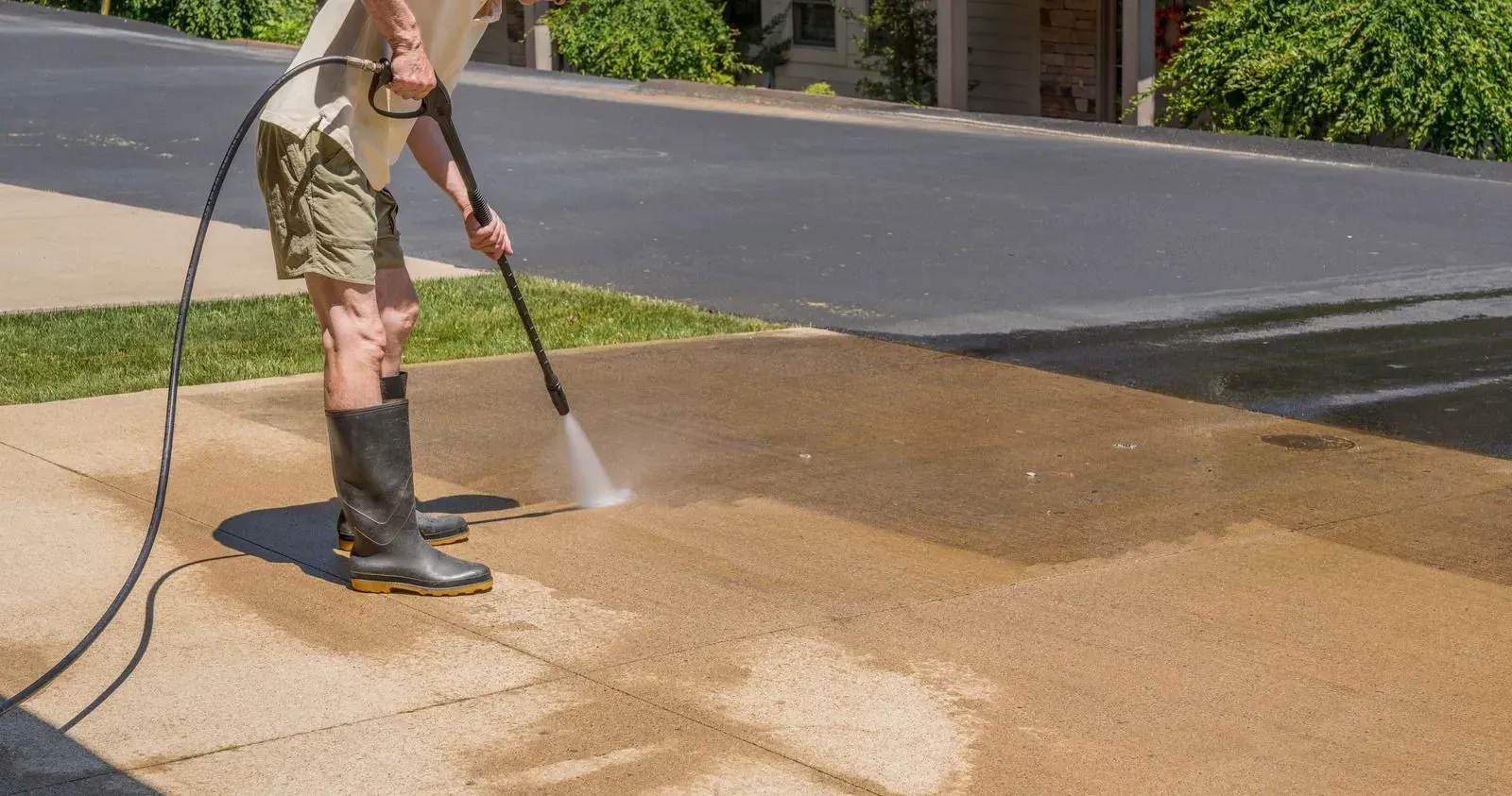 Person pressure-washing a driveway beside a lawn and street.