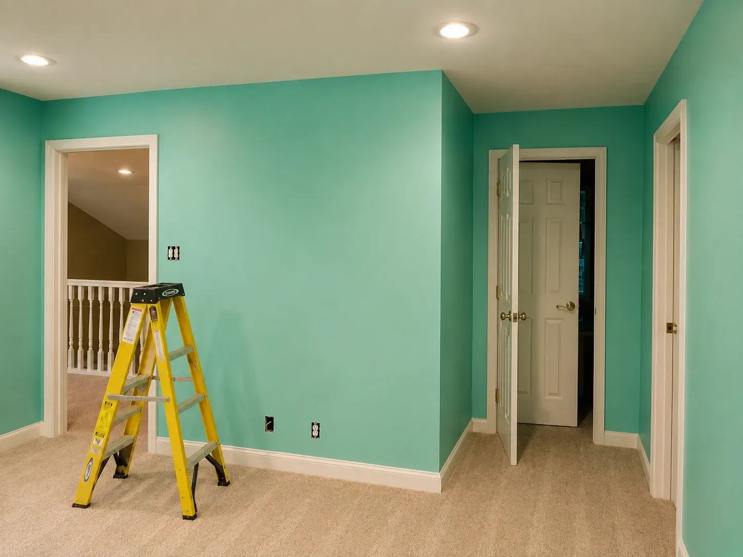 Empty room being painted aqua, with a yellow ladder and open doorways