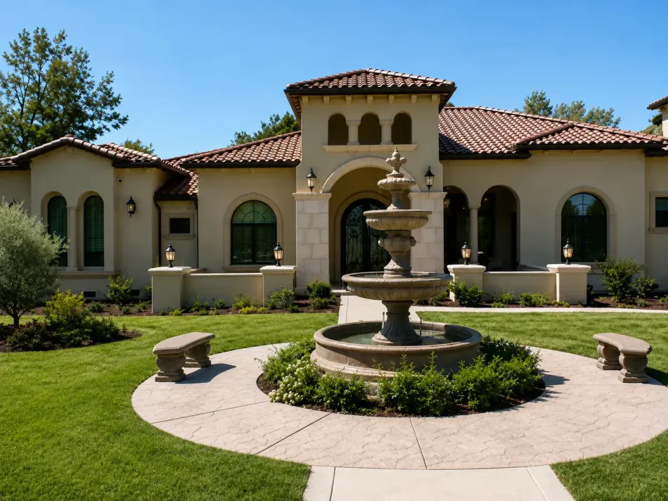 Mediterranean-style house with a central fountain and circular garden in front