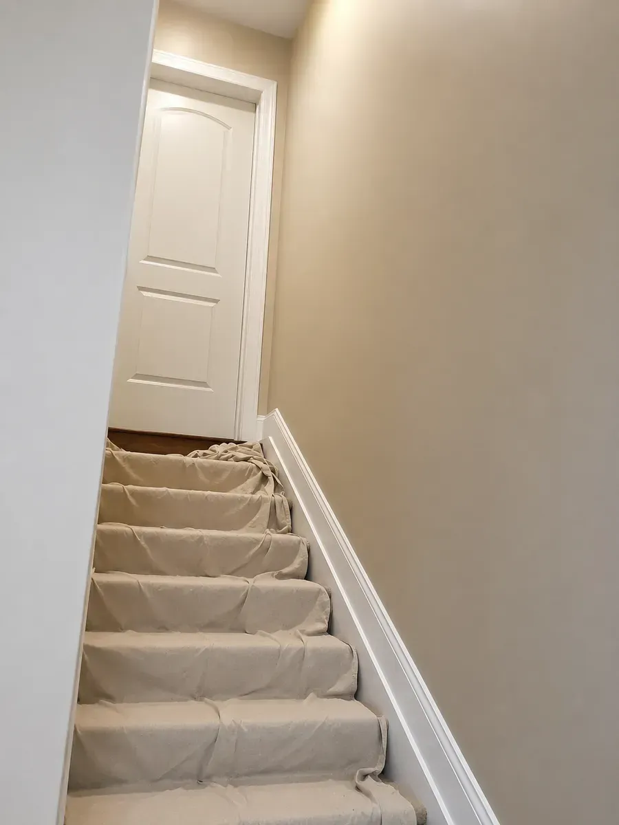 Narrow carpeted staircase with white walls leading to a closed door at the top
