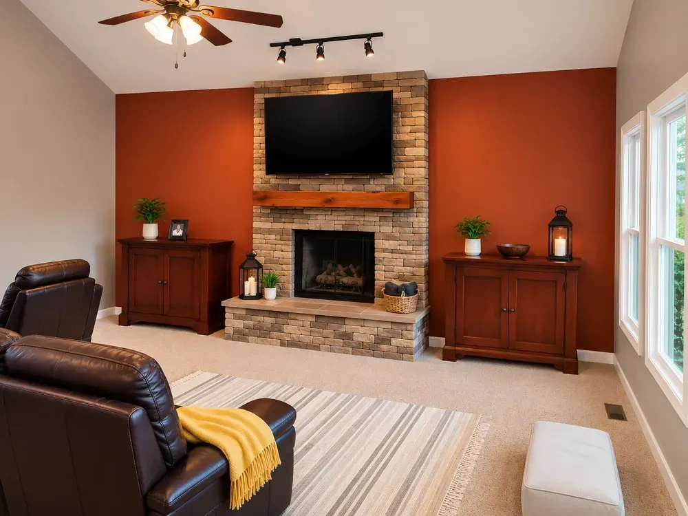 Living room with stone fireplace, wall-mounted TV, leather chairs, and warm orange walls