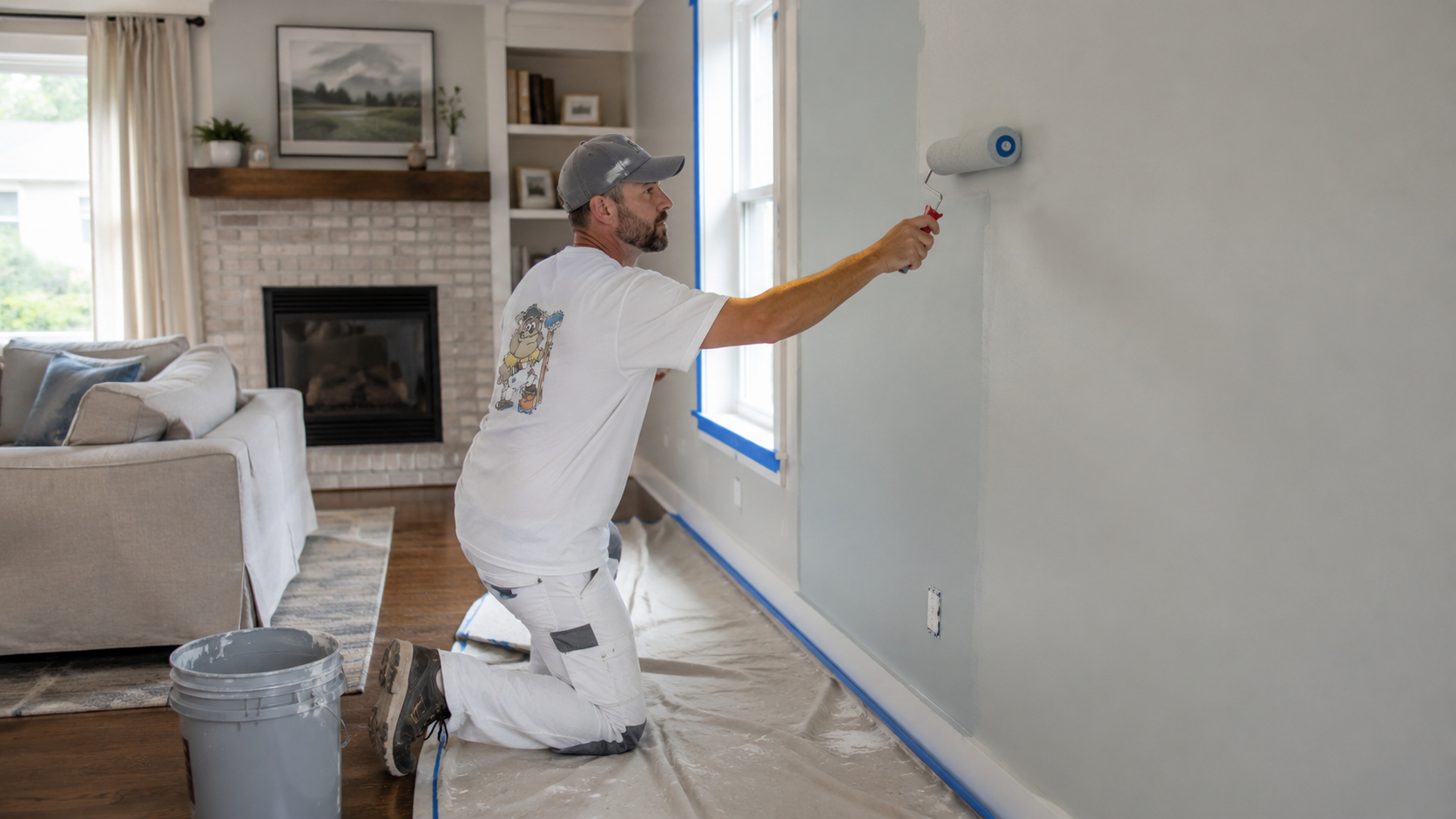 Hand rolling blue paint on a wall with a paint roller