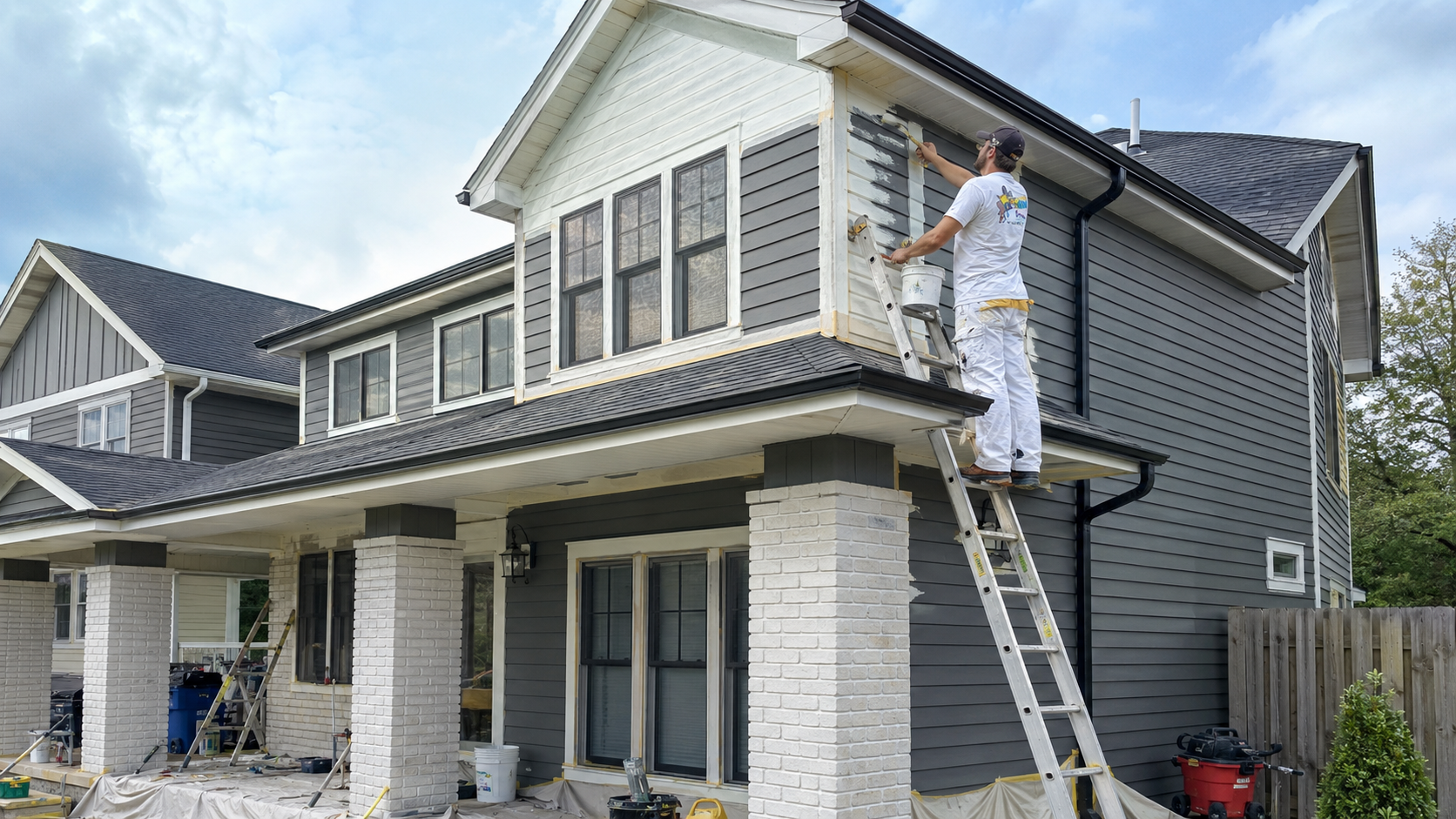 Worker on a ladder painting the exterior of a white building.