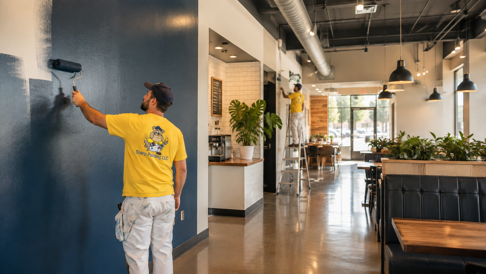 Storefront with black awning and brick accents; a worker is painting the left wall.