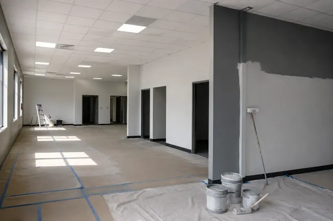 Empty room under renovation with gray walls, tiled floor, paint buckets, and drop cloths.