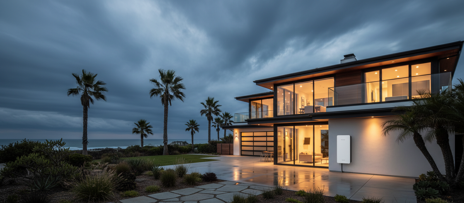 A coastal Encinitas home with a home battery backup system installed, lit warmly as storm clouds gat