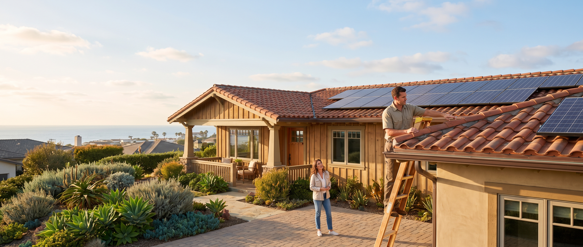 A technician inspecting the roof of a coastal Southern California home with solar panels while home