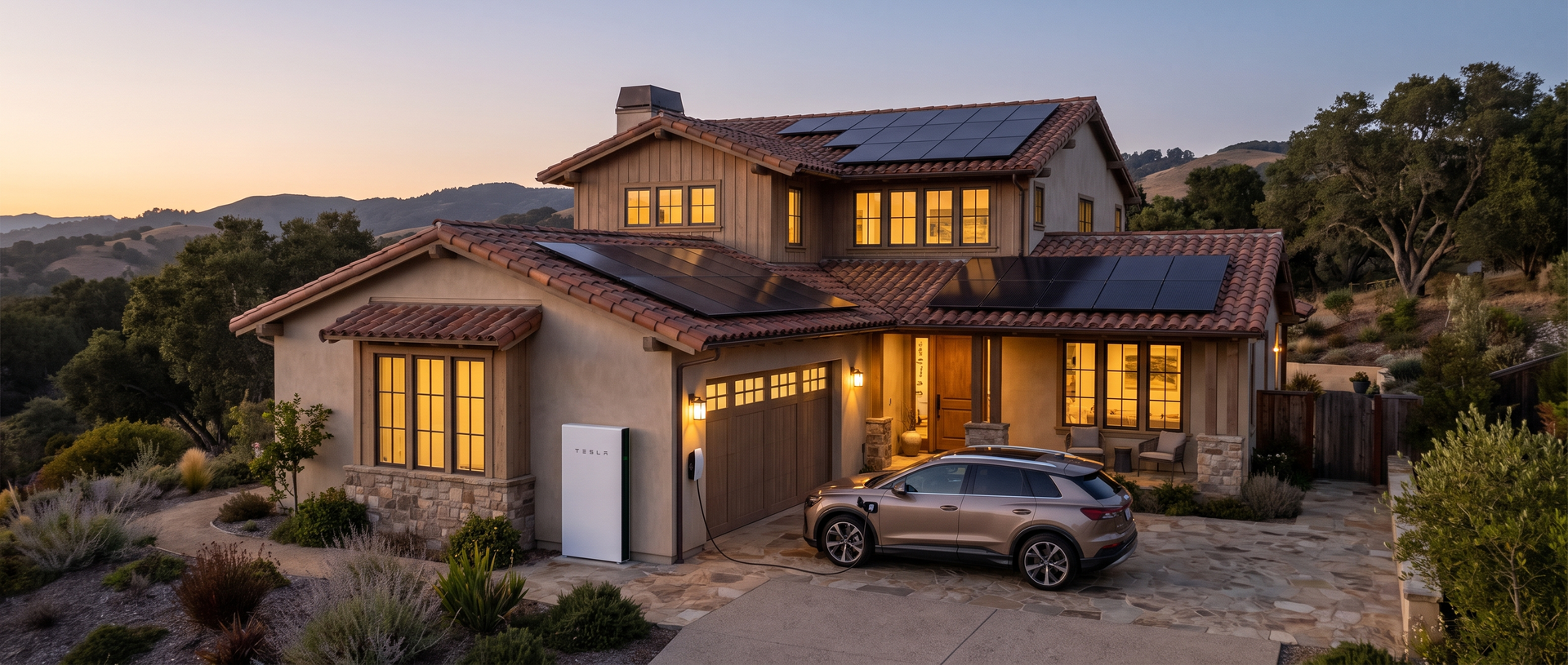 Carmel Valley home at dusk with rooftop solar panels, a wall-mounted battery.