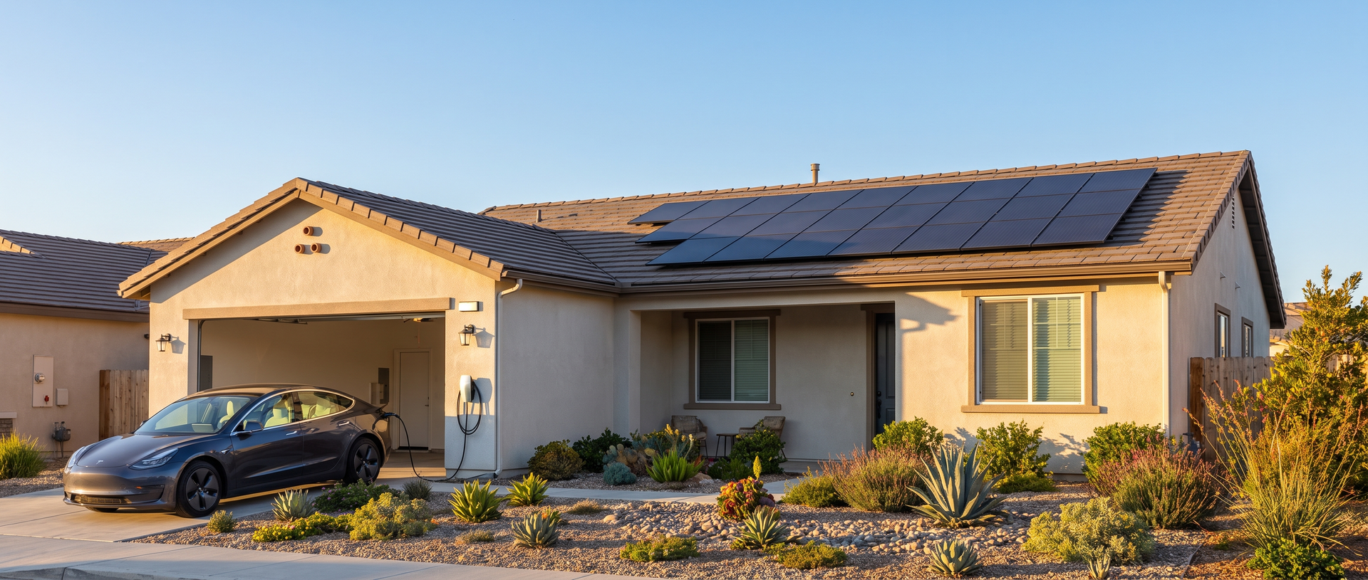 Electric car charging in the driveway of a San Diego home with rooftop solar panels