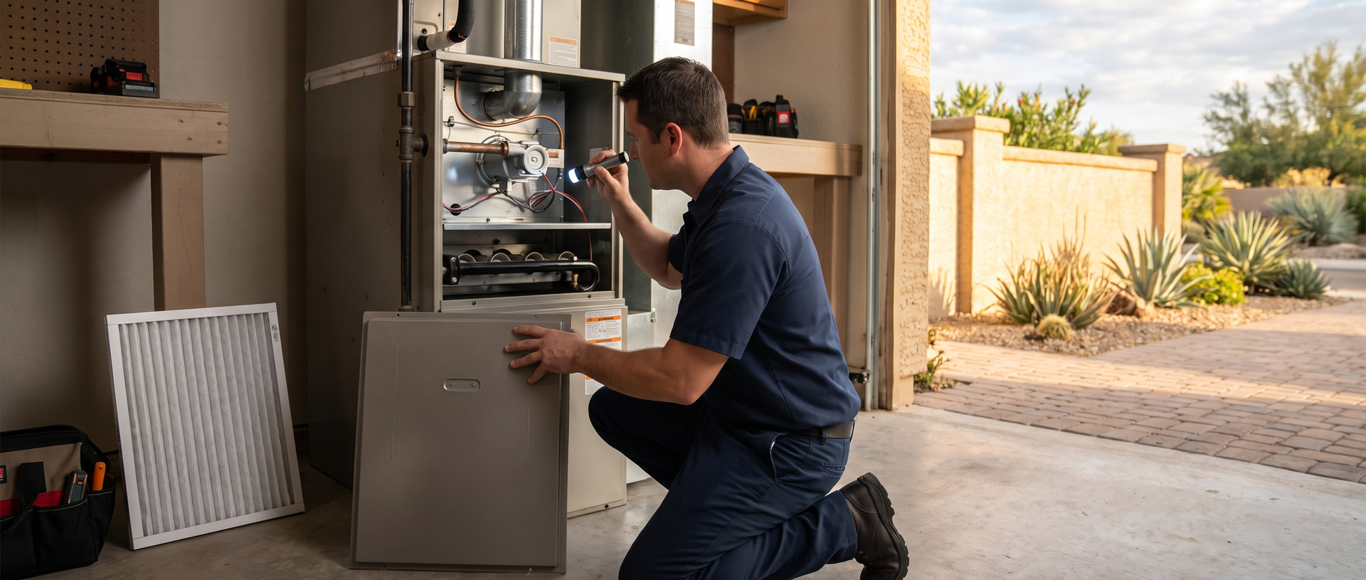 HVAC technician inspecting the burner area of a gas furnace in a home garage during fall maintenance