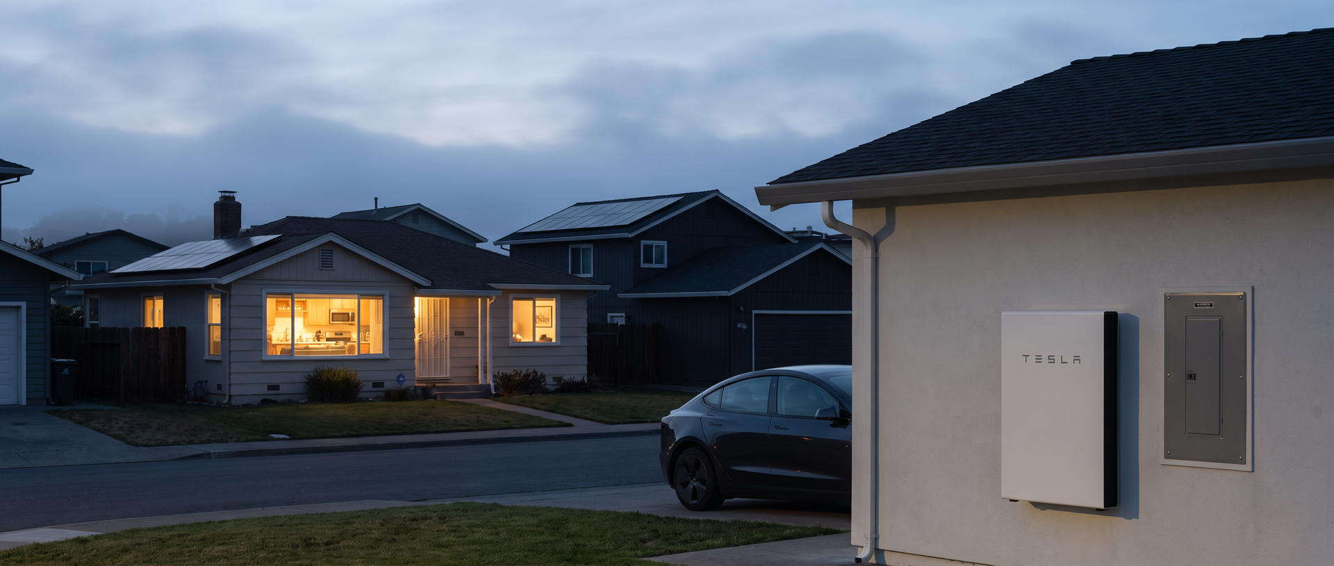 Home battery unit mounted in a garage keeping a solar-powered home lit.