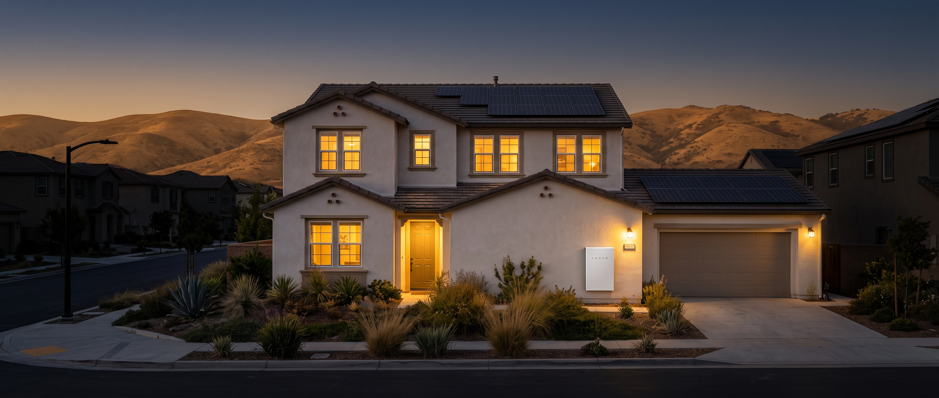 Home with lights on at dusk powered by a wall-mounted battery while the surrounding neighborhood