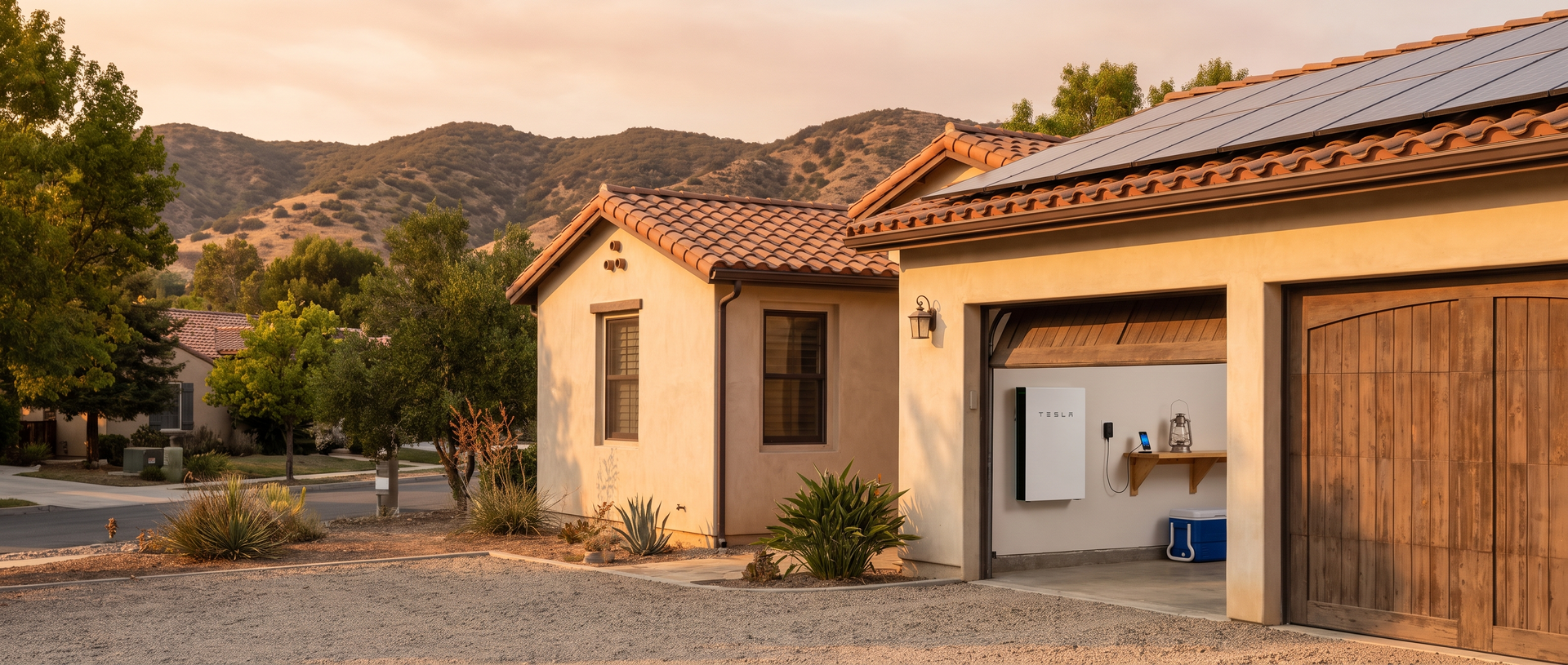 Home with rooftop solar panels,  prepared for a planned power outage