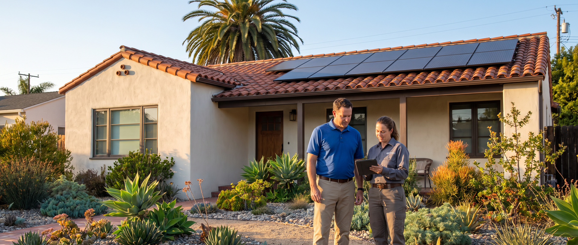 Homeowner and solar installer reviewing plans in front of a tile-roof home with rooftop solar panels
