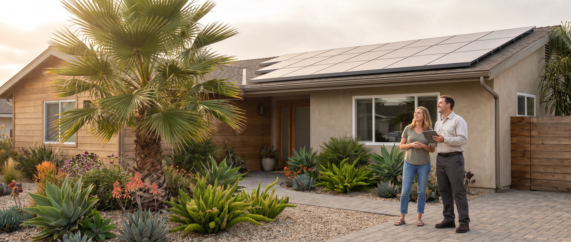 Homeowner and solar technician looking at a rooftop solar array on a coastal Encinitas home