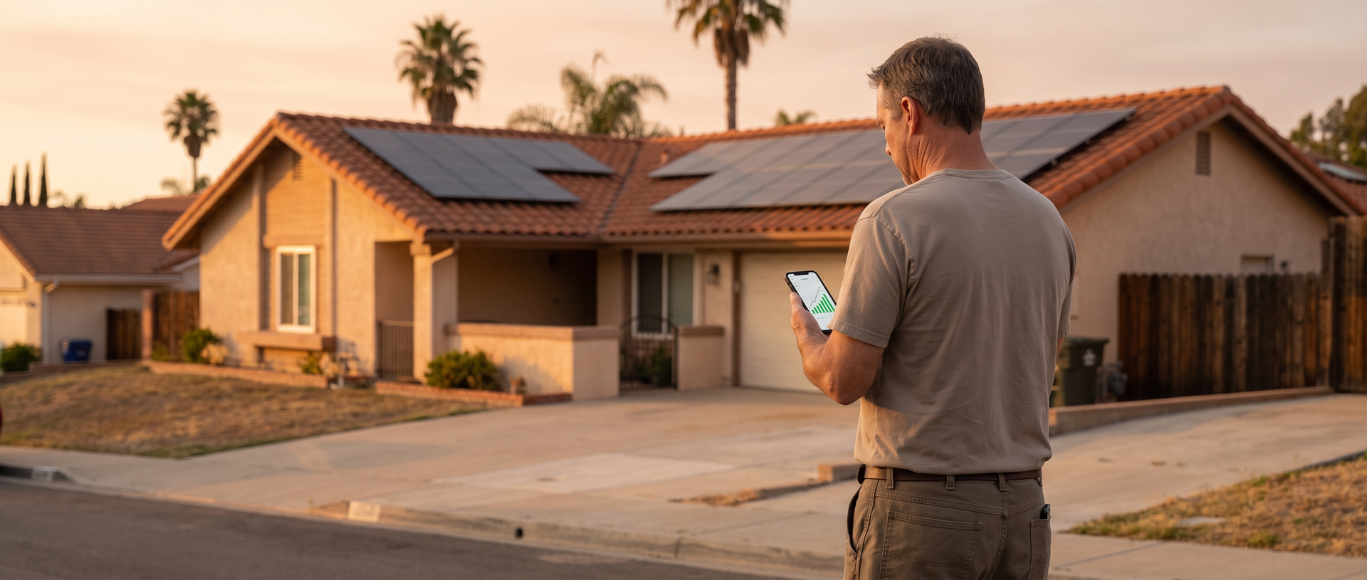 Homeowner checking a solar monitoring app on their phone with rooftop solar panels visible