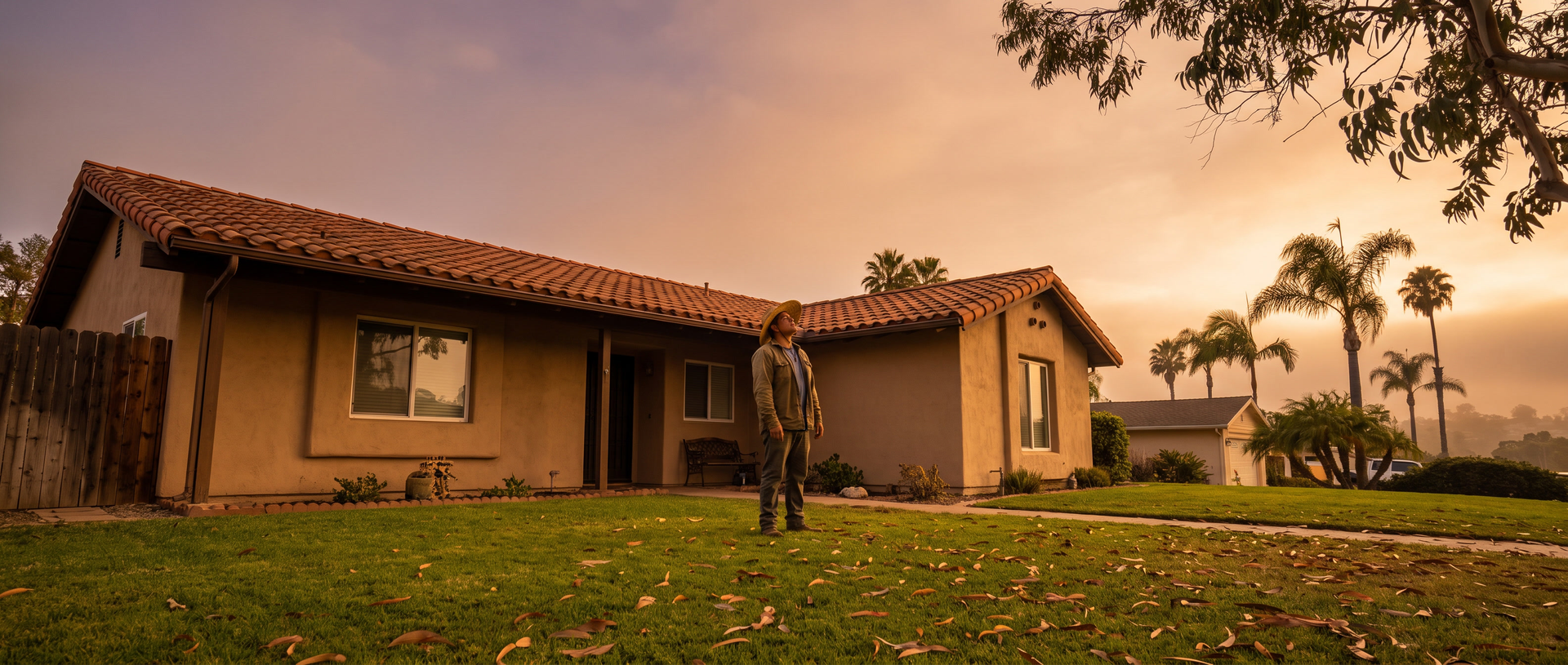 Homeowner looking up at a San Diego roofline in early fall before the first seasonal rain.