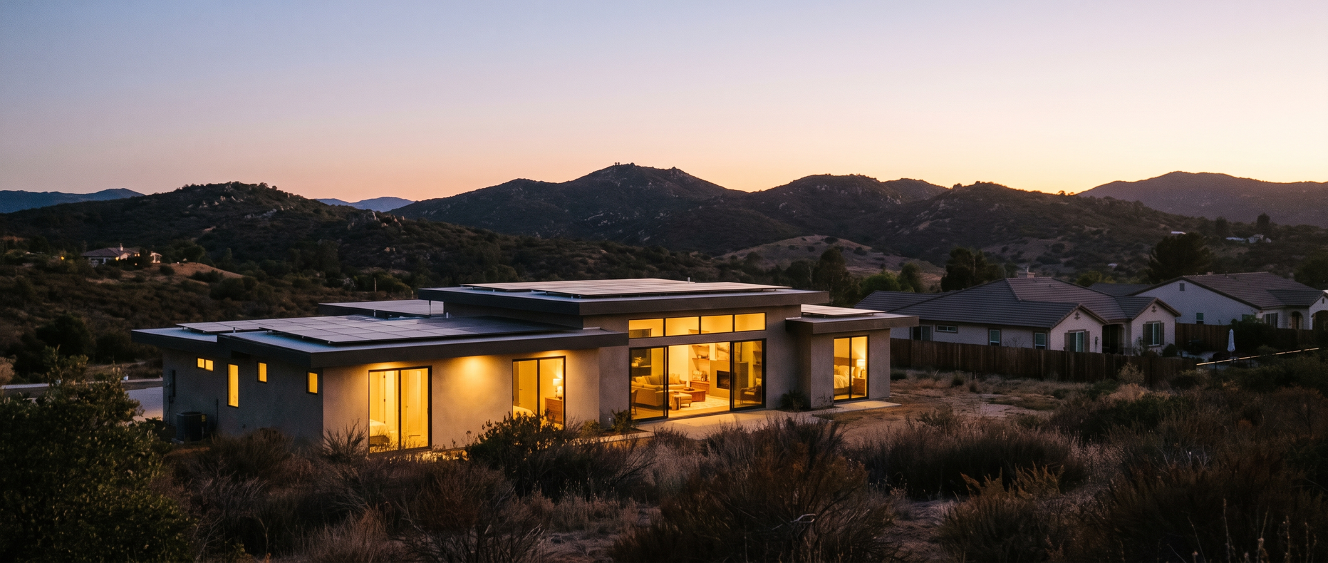 Modern San Diego home with rooftop solar panels and lit windows during an evening power outage