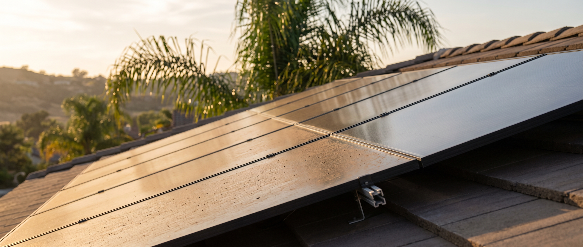 Residential rooftop solar panels in Southern California with a light layer of dust on one section.
