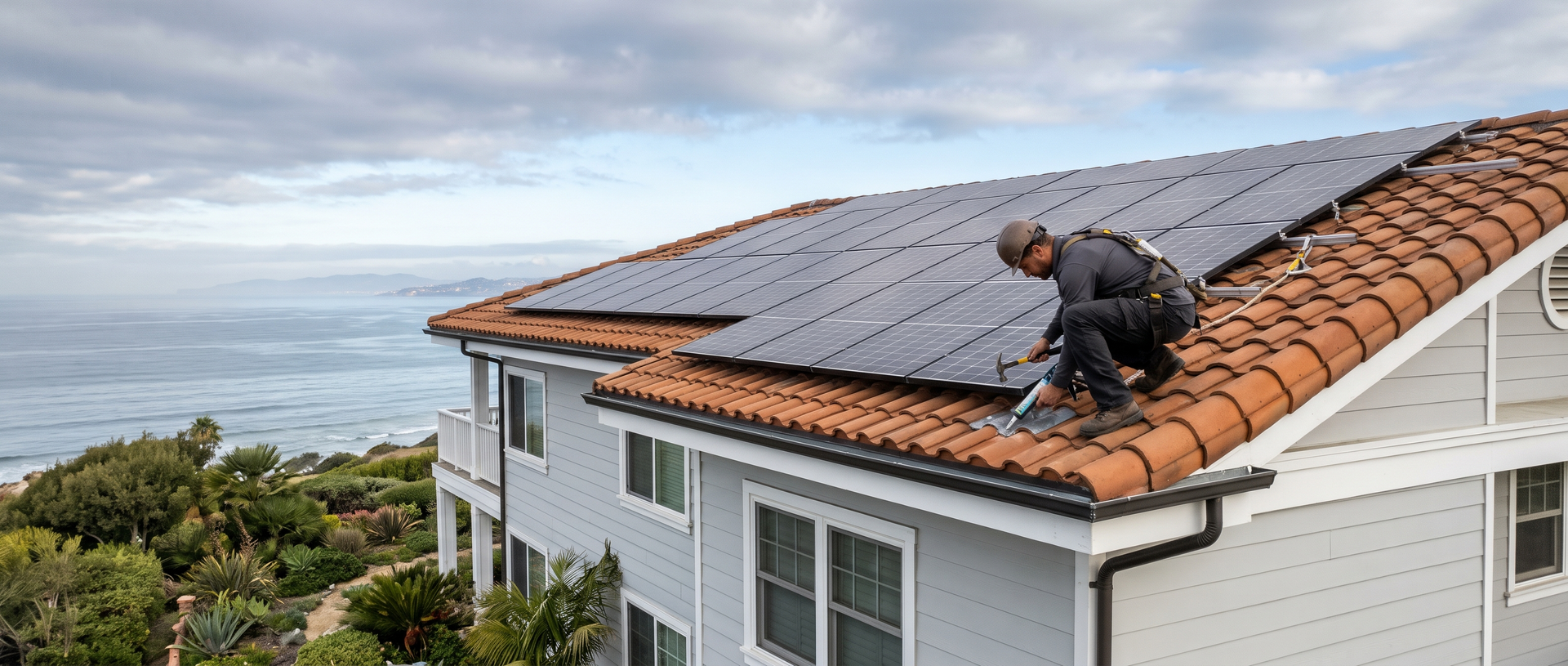 Roofer checking flashing around solar panel mounts on a tile roof under cloudy coastal skies
