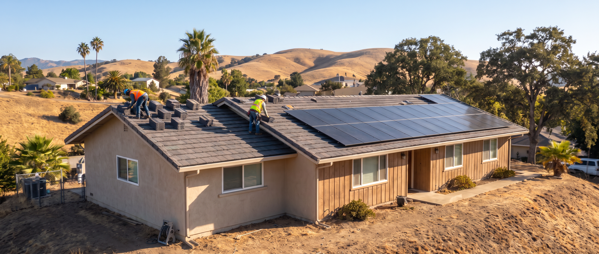 Roofing crew installing new tile next to rooftop solar panels on a Southern California home