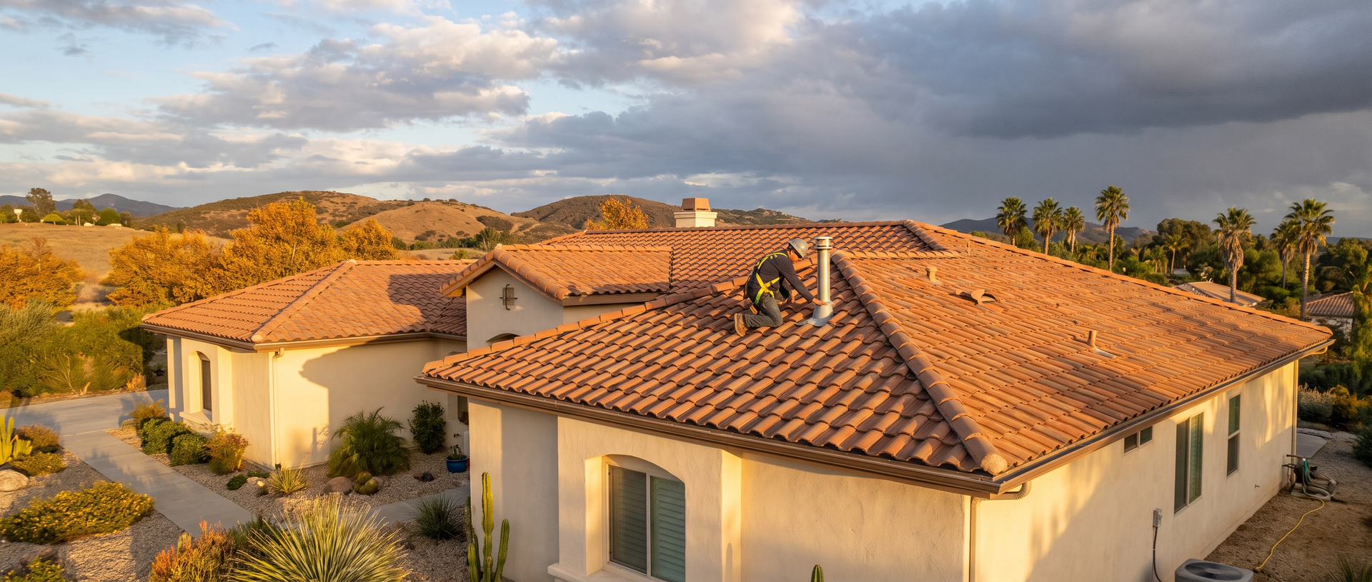 Roofing technician inspecting a tile roof on a San Diego home before winter rain