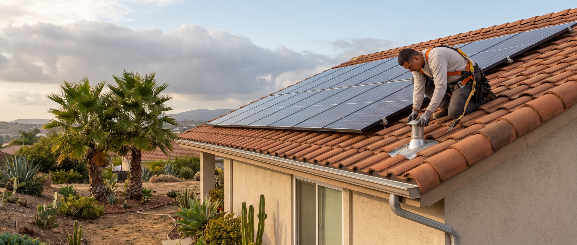Roofing technician inspecting vent flashing on a tile roof with solar panels.