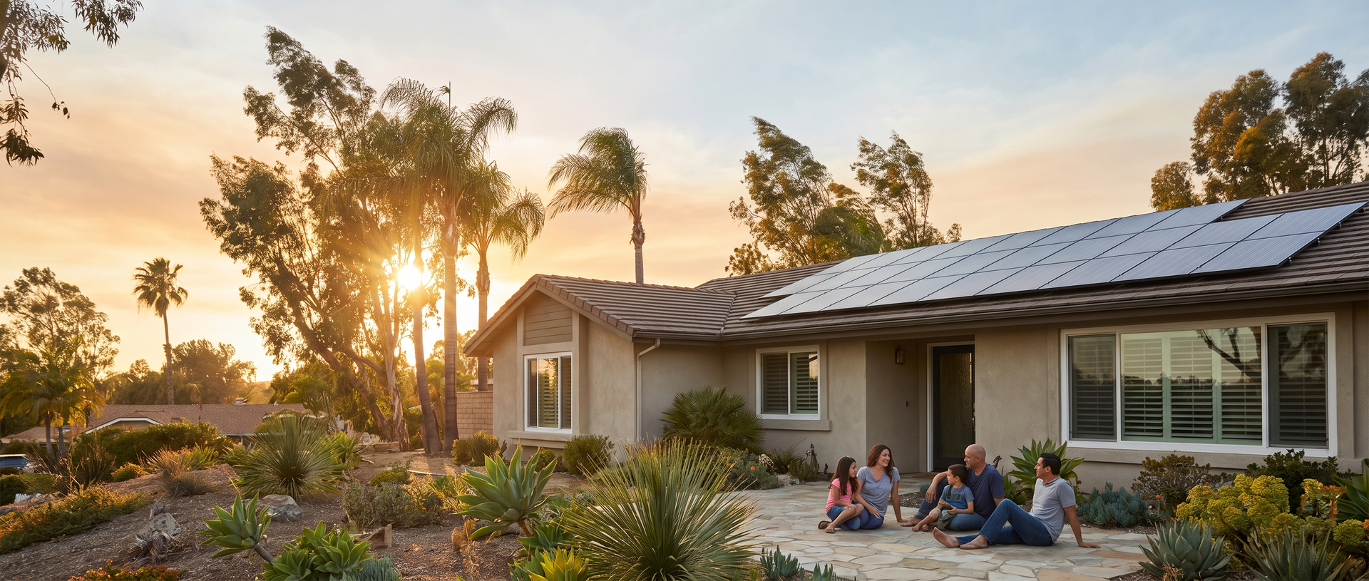 Rooftop solar panels on a San Diego home with trees swaying in a Santa Ana wind.