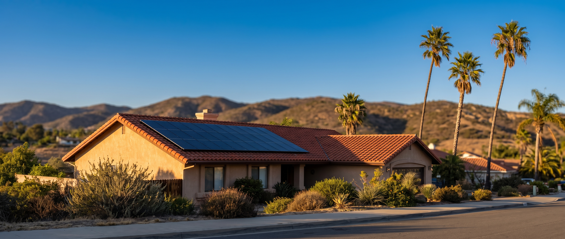 Rooftop solar panels on a tile-roof San Diego home with palm trees bending in a light wind