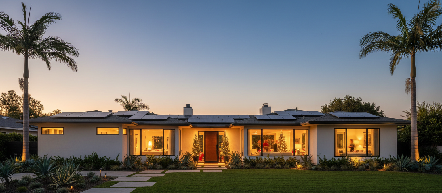 San Diego home with rooftop solar panels at dusk during the winter holiday season