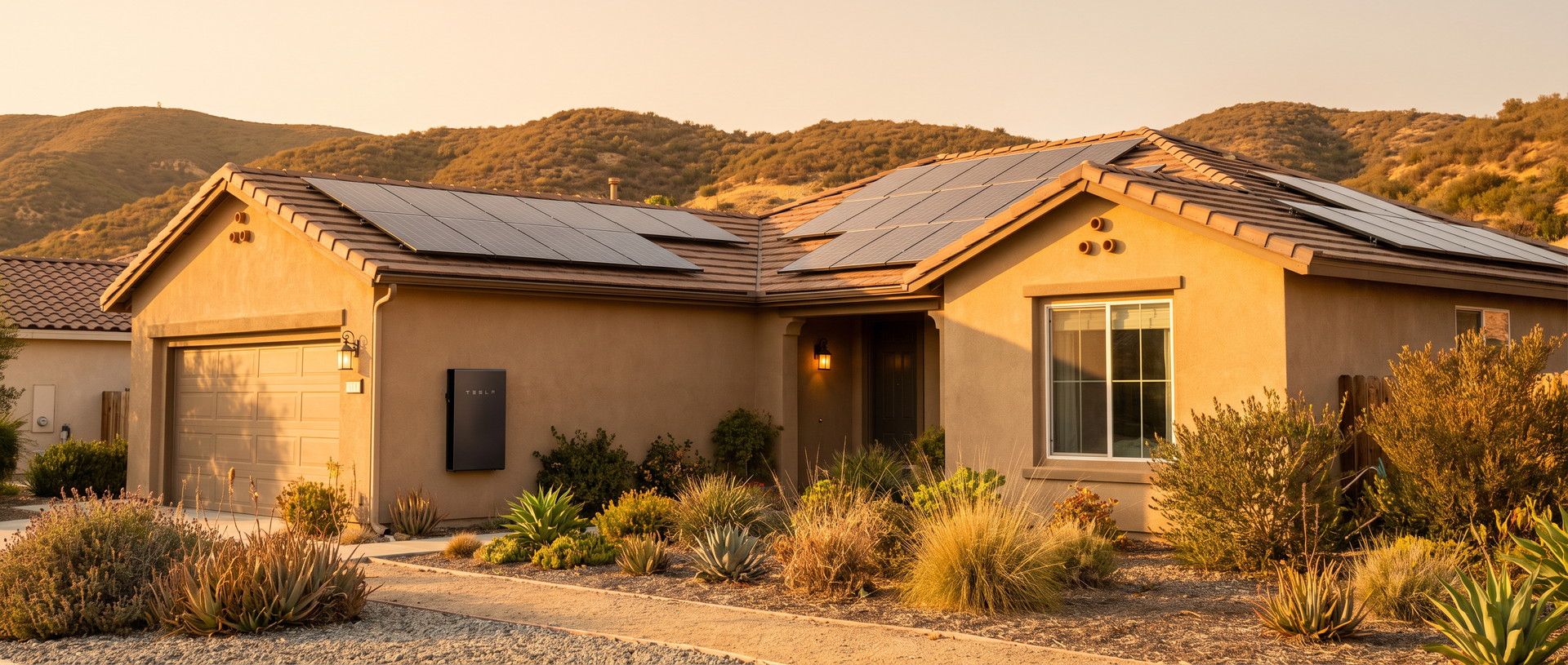 Single-story stucco home with rooftop solar panels and a wall-mounted battery at golden hour.
