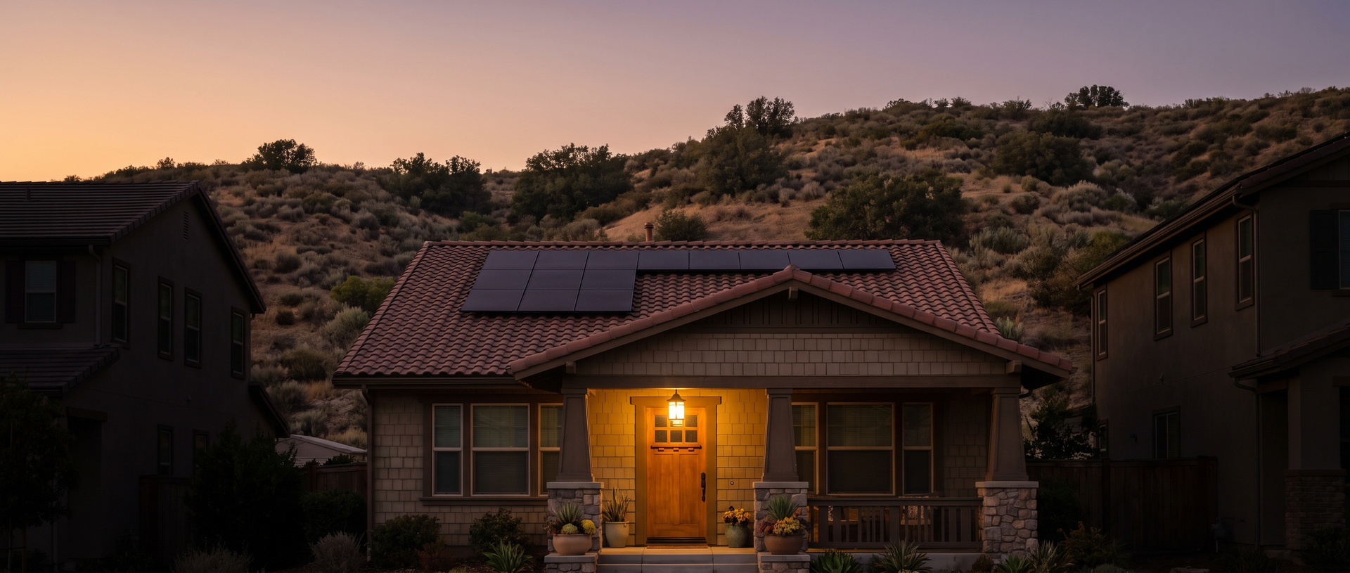 Solar panels and battery storage on a San Diego home at dusk.