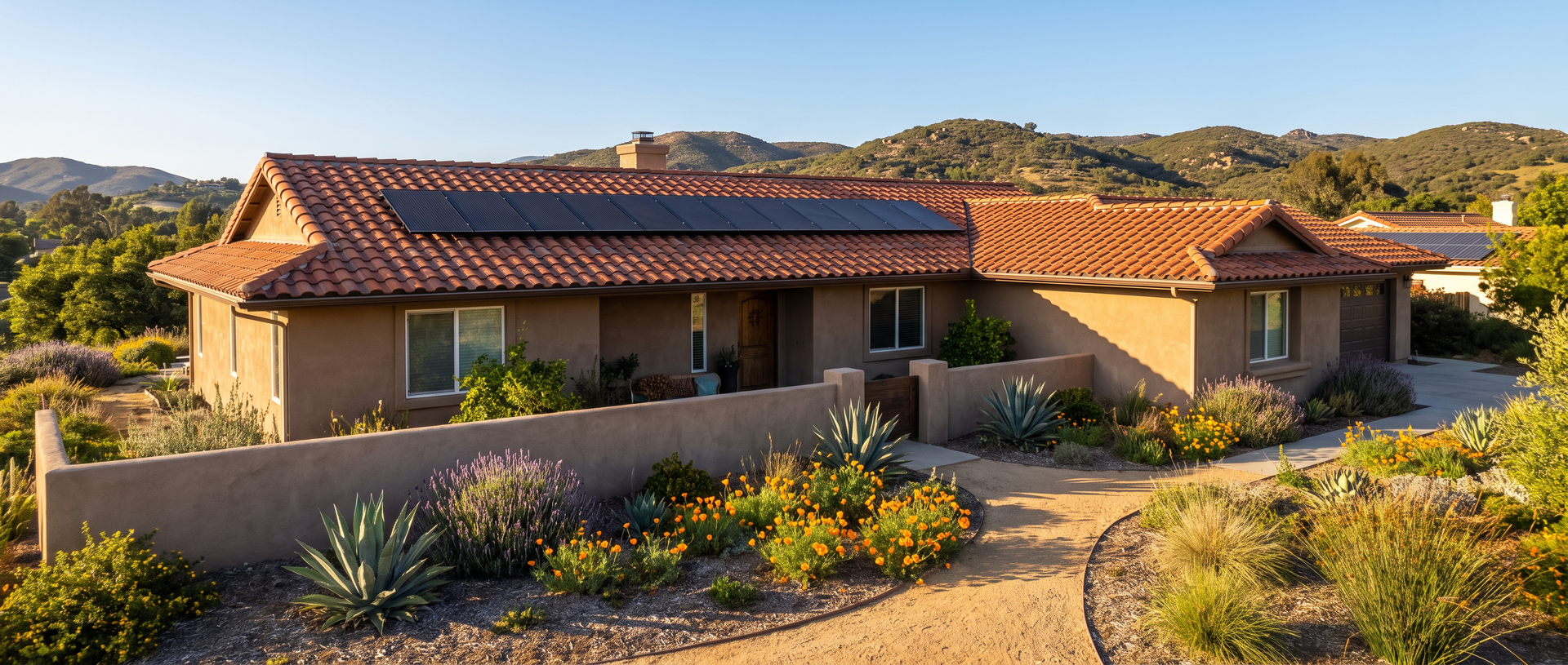 Solar panels installed on a red Spanish tile roof of a single-story stucco home in inland San Diego