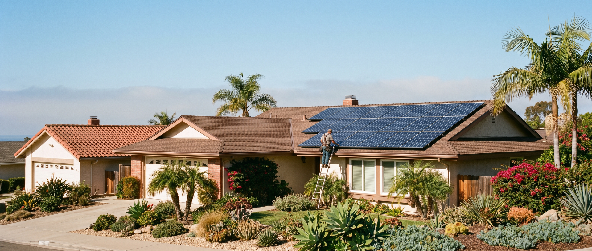 Solar panels installed on a tile roof of a Carlsbad home with a technician inspecting the roofline.
