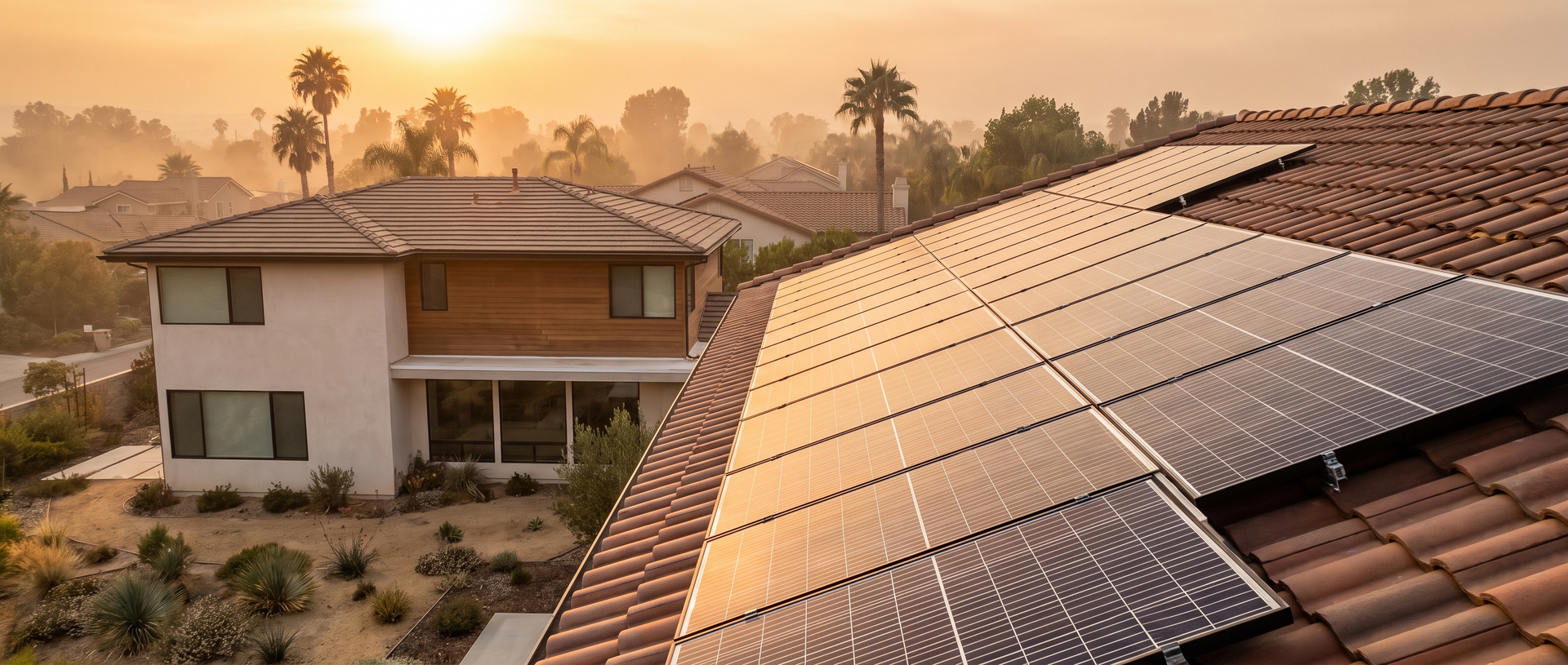 Solar panels on a San Diego home's roof during a hot summer afternoon.