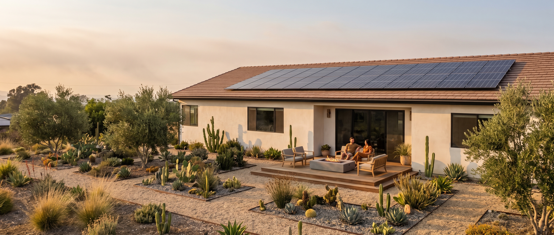 Solar panels on a San Diego home's roof under a hazy late-summer sky.