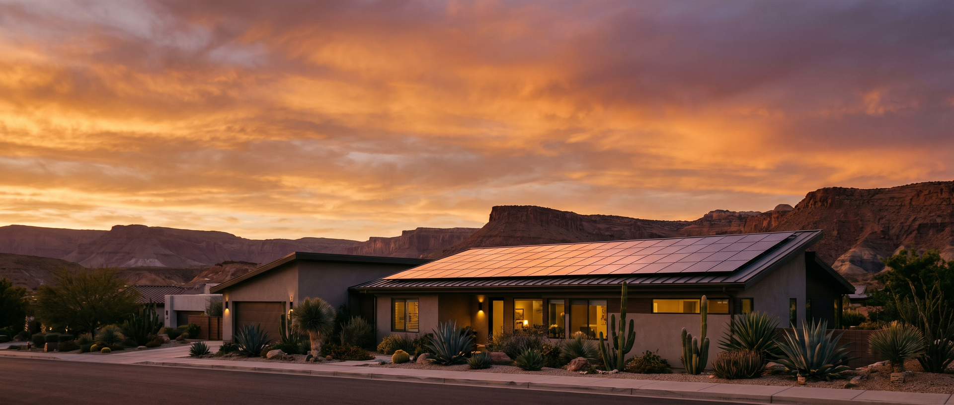 Solar panels on a San Diego-area home under an orange evening sky during windy conditions