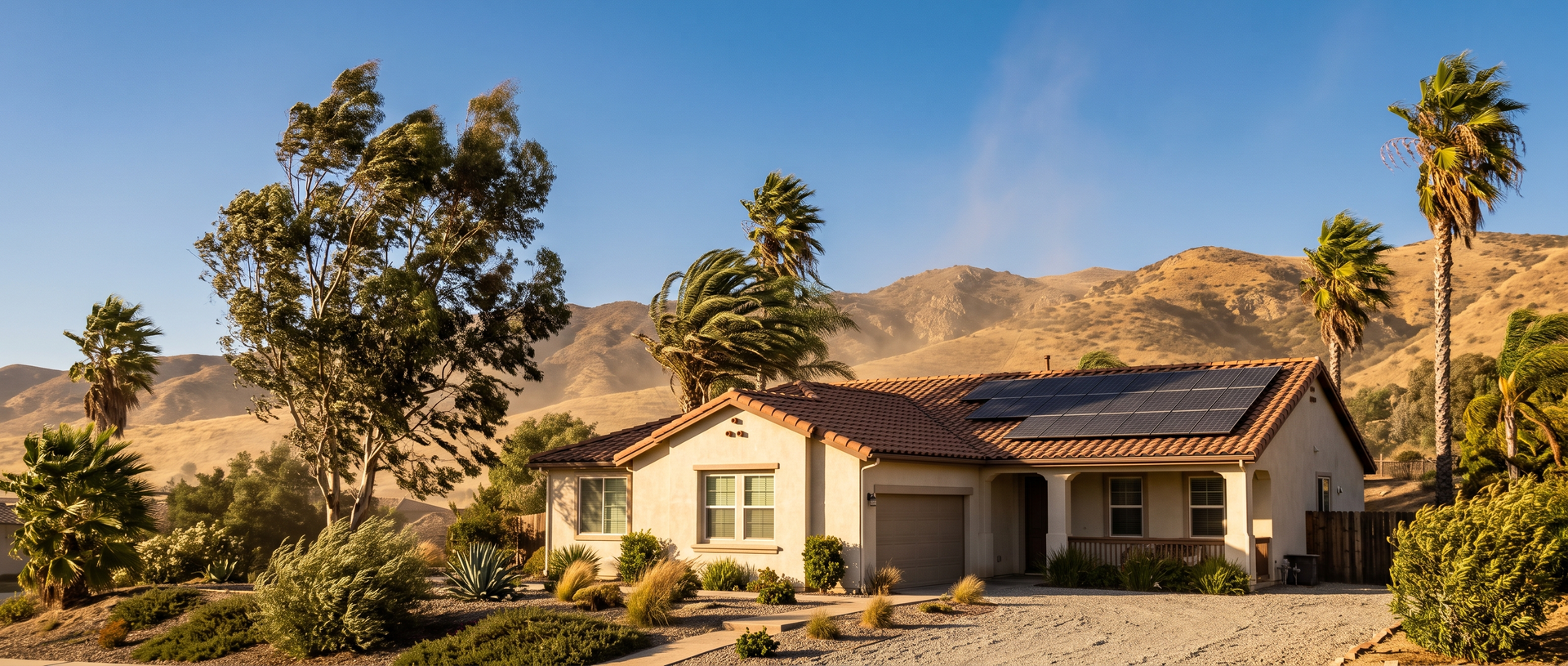 Solar panels on a tile roof of an inland Southern California home as trees bend in strong wind