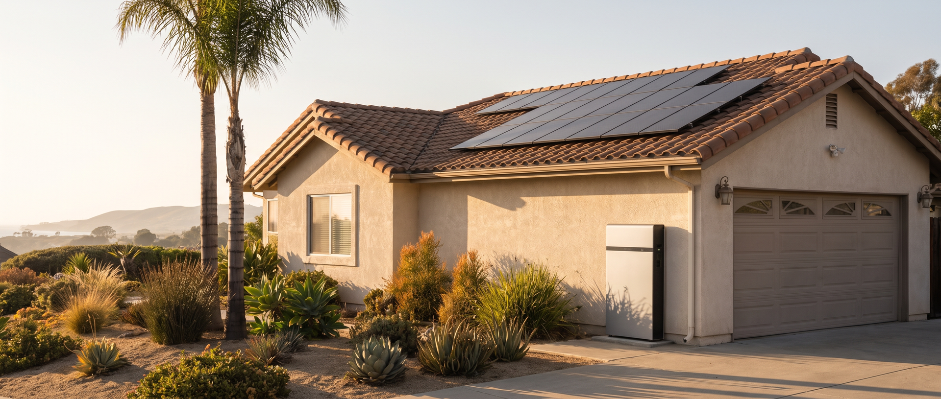 Solar panels on the tile roof of a Southern California home in warm afternoon light, with a home bat