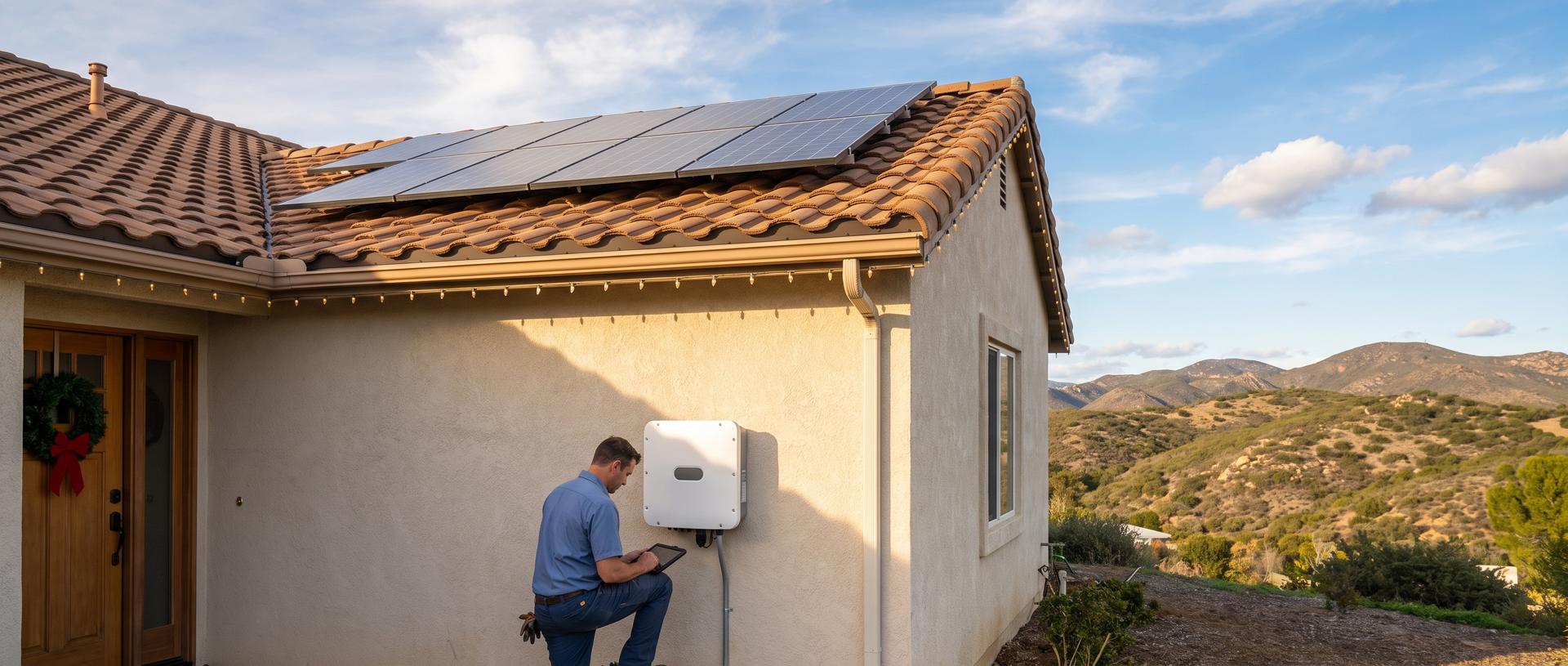 Solar technician inspecting a wall-mounted inverter beside a home with rooftop solar panels
