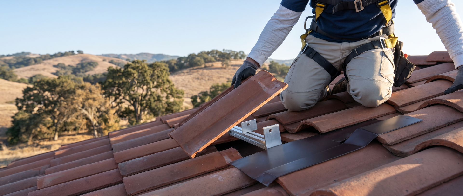 Technician inspecting a solar panel standoff and flashing on a tile roof in El Cajon