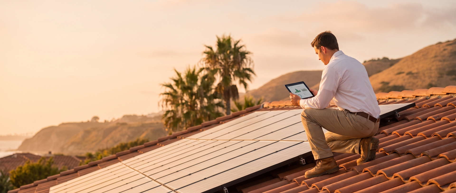 Technician inspecting rooftop solar panels on a San Diego home in late afternoon light