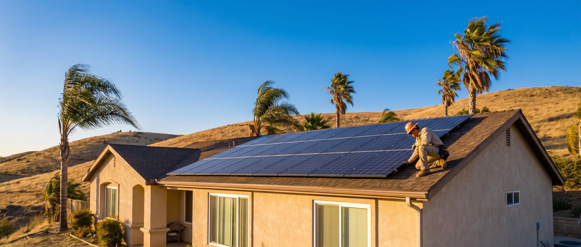 Technician inspecting rooftop solar panels on a hillside home as palm trees sway in dry wind