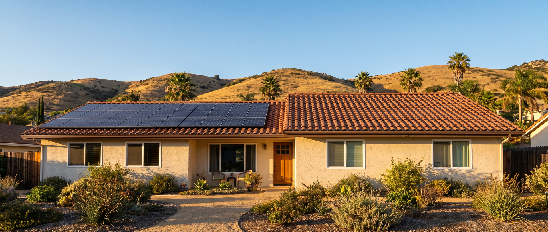 Tile-roof home in Escondido with rooftop solar panels at sunset