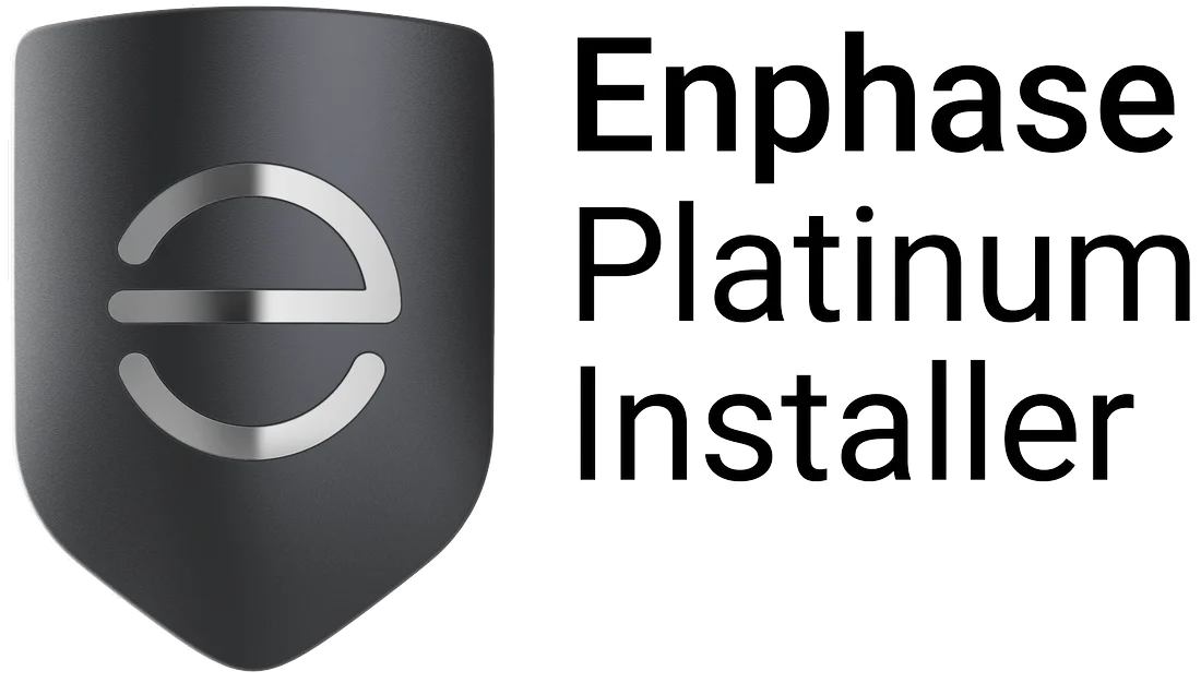 Enphase Platinum Installer badge: a dark shield shape with a silver "e" logo and the text "Enphase Platinum Installer."