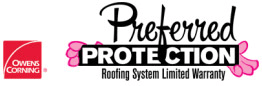 Owens Corning Preferred Protection roofing warranty logo. Red and white logo next to black text and pink accents.