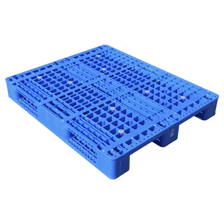 A blue plastic pallet is sitting on a white surface.