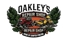 Oakley&rsquo;s Repair Shop logo with red and yellow off-road vehicles, green leaves, and sawyer porting text