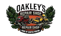 Oakley’s Repair Shop logo with red and yellow off-road vehicles, green leaves, and sawyer porting text